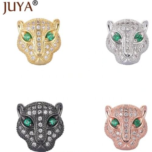 JUYA Micro Pave Zircon Leopard Head Bead Rhinestone Panther Beads Helmet Skull Space Beads for Jewelry DIY Bracelet Making