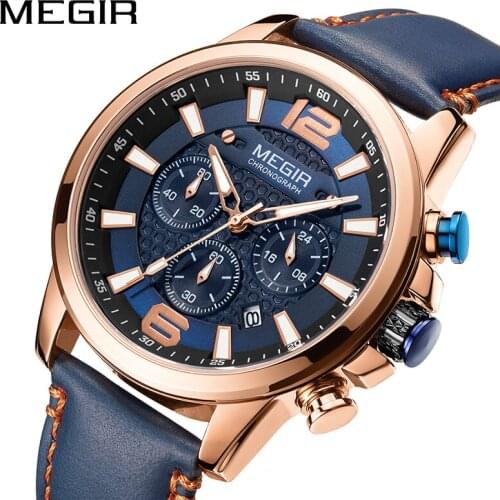 MEGIR Mens Watches Top Brand Luxury Blue Leather Military Quartz Wrist Watch Men Luminous Sports Watch Man Relogio Masculino