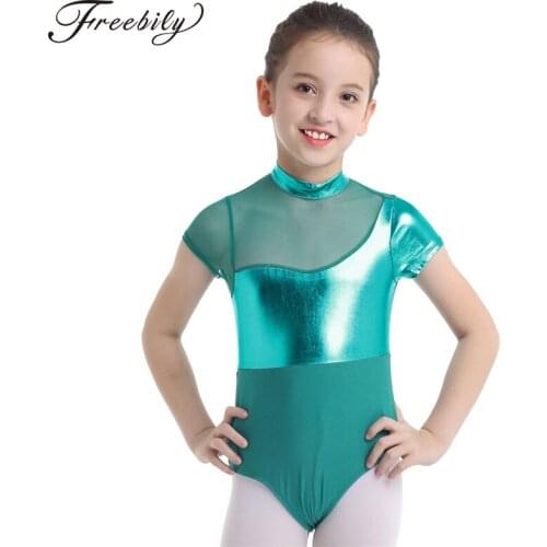 Children Kids Girls Ballet Leotard Dance Costumes Short Sleeves Shiny Metallic Splice Back Ballet Gymnastics Leotard Jumpsuit