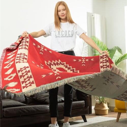 Bohemian Style Geometry Ethnic Decorative Blanket Red Sofa Throw Blanket Leisure Knitted Floor Cloth Carpet Wall Tapestry Decor