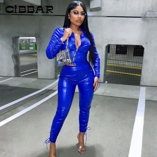 CIBBAR Fashion PU Leather 2 Piece Sets Women Long Sleeve Zipper T-Shirt Bodycon Bandage Pants Matching Suit Female Blue Outfits