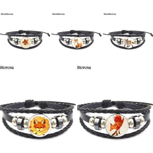 Mendittorosa Jewelry Crystal Black Leather Bracelet Bangles Cabochon Glass Dome Handmade Jewelry Fox