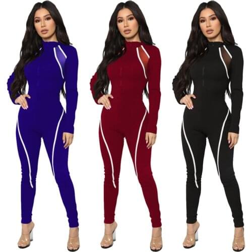 MOQ 1PC Fashion Casual Zipper Striped Bodycon Long Sleeve Skinny Romper Women Biker Jumpsuit