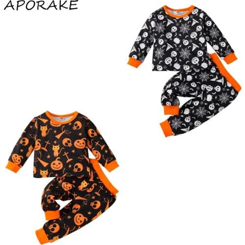 2021 0-5Y Kids Baby Halloween Clothes Set Skull Pumpkin Print Long Sleeve Sweatshirt+Harem Pants Boys Girls Costume Tracksuit
