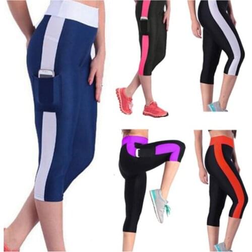 Fashion Color Matching Womens Fitness Sports Womens Seven-Point Side Pocket Stretch Hip Leggings High Waist Tights Leggings