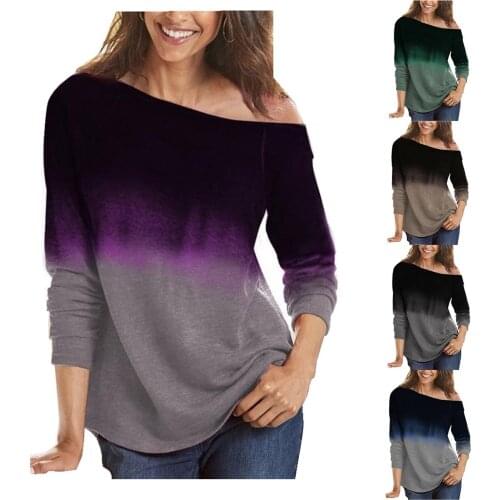 Fashion Womens Spring Autumn Tops Long-Sleeved Gradient Elegant Solid Ladies Slash Neck Loose T-shirt Camiseta feminina