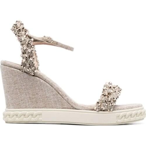 Fashion Woman Metal Studs Rivets Linen Cloth Sandals 8 cm increased Heel One Strap Peep Toe Shoes Gladiator Party Sandalias