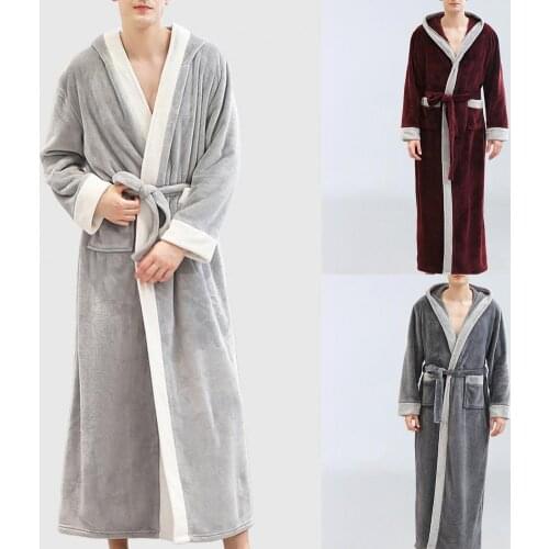 Men Autumn Winter Flannel Long Sleeve Maxi Bathrobe Pockets Hooded Sleepwear