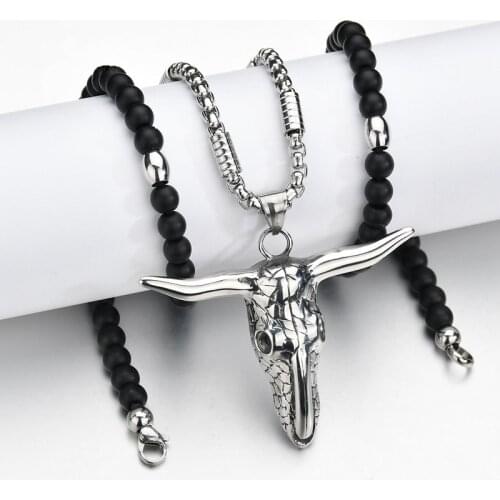 Titanium Steel African Tribe Style Skull Head Bull Pendant Necklace Black Stone Strand Beads Necklaces