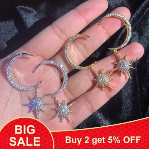 Luxury Female Crystal Moon Star Earrings Luxury 925 Silver Gold Earrings For Women Fashion Double Wedding Earrings