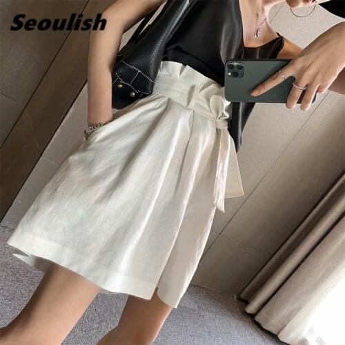 Seoulish Summer 2021 New Cotton and Linen Womens Shorts Sashes High Waist Wide Leg Shorts Female Vintage Loose Trousers Pocket