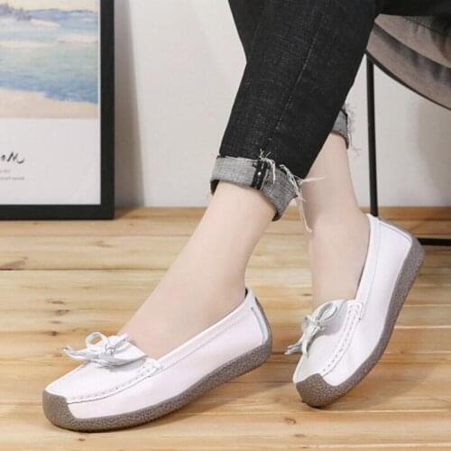 Genuine Leather Casual Flat Shoes Women Loafers Leather Oxford Shoes for Women Bow Fashion Non-slip Confort Shoes Woman Flats