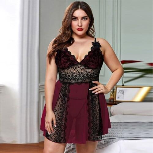 Plus Size Night Dress Women Sleepwear 2021 V Neck Wine Red Lace Slip Sexy Lingerie Summer Backless See Through Black Nightgown