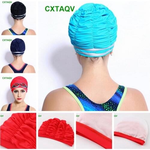 Wholesale Double Material High Stretchy Pleated Swimming Pool Hat Women Long Hair Ear Protection High Grade Nylon Swimming Cap