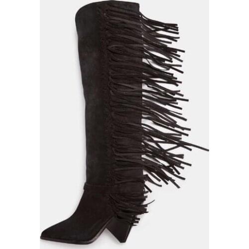 New Designer Black Suede Runway Boots Hoof Heels Fringe Women Winter Boots 2018 Pointed Toe Low Heels Tassel Knee High Boots