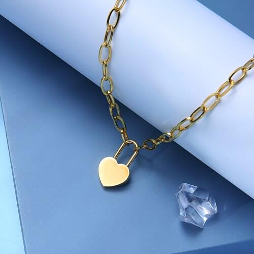 FANSHIDI Stainless Steel Love Lock Pendant Necklace For Women Chunky Chain HiP HOP Padlock Pendant Choker