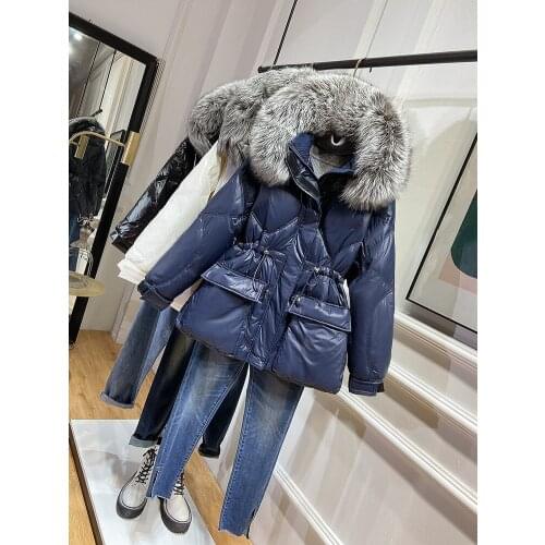 Silver Fox Fur Collar Womens Down Jacket Short Thick Slim Big Pocket Womens Clothing Woman Parkas Casacos Feminino Zjt39