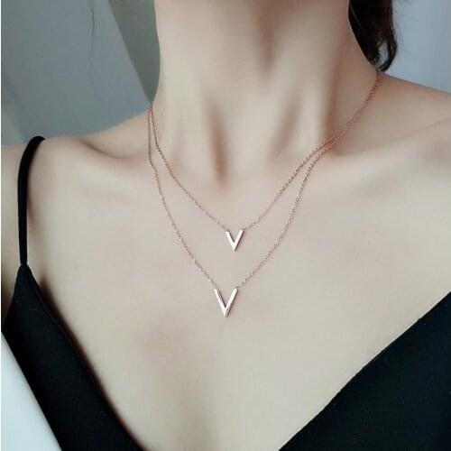 316L Stainless Steel 2021 New Fashion Jewelry Minimalism Hipster 2 Layer V Shape Charms Chain Choker Necklaces Pendant For Women