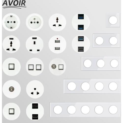Avoir Usb Wall Socket White Glass Panel EU UK FR Electrical Sockets TV Network Internet Weak Current Socket DIY Free Combination