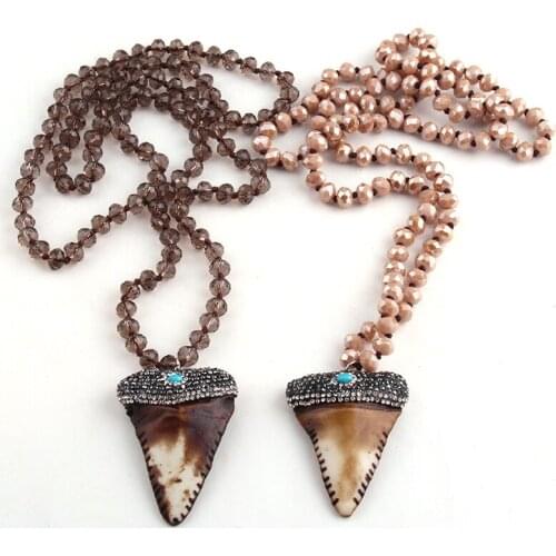 Free Shipping Long Crystal Glass Knotted Pave Crystal Teeth Pendant Necklaces