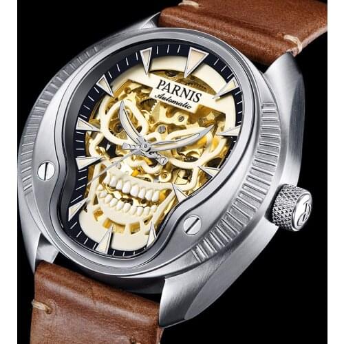PARNIS 43mm Mechanical Automatic Mens Watches Designer Skull Skeleton Self Winding Luminous Dial Sapphire Crystal Men Watch