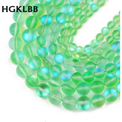 HGKLBB Natural Stone Green Matte Austria Crystal Glitte MoonStone 6/8/10MM Round Loose beads for Jewelry making DIY bracelets