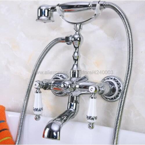 Chrome Polished Wall Mounted Bathroom Tub Faucet W/ Hand Shower Sprayer Clawfoot Mixer Tap Kna206