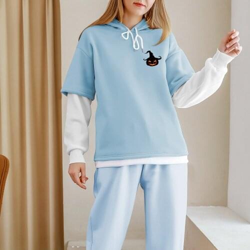 Halloween Print Hoodies Cartoon Harajuku Women Sweatshirt Hoodie Patchwork Loose Clothes for Girls Fake Two Pieces Thermal Tops