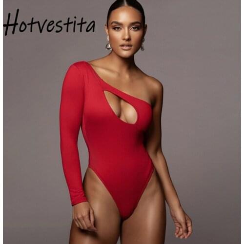 Hotvestita Women Sexy Hollow Out Bodysuits Fashion One Shoulder Bodycon Long Sleeve Body Tops 2021 Spring Autumn Club Jumpsuits
