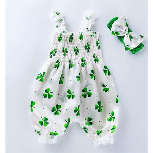 Girl’s 2 Piece Clover Printed Set Sleeveless Bubble Trousers Suspender Romper with Headband for Summer 0-24M