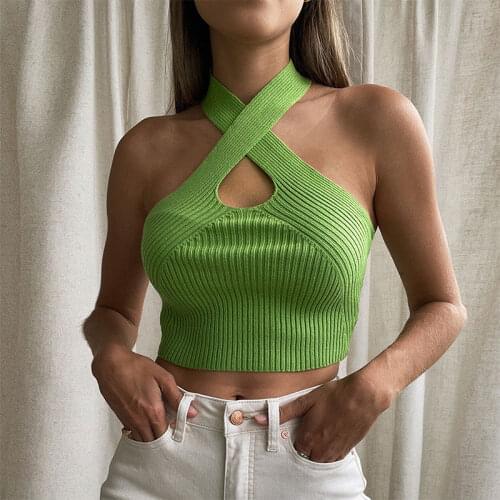 Summer Knitted Hollow Out Halter Neck Crop Top Women Casual Off Shoulder Backless Ribbed Y2K New Beach Sleeveless Tank Tops Sexy