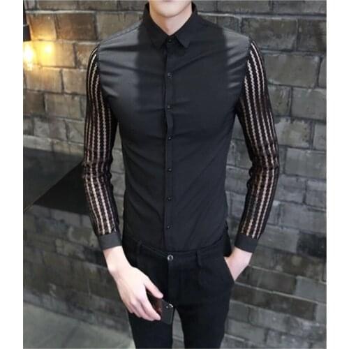 New mens shirts pierced lace stitching long sleeve shirt mens high quality street casual slim dress tuxedo