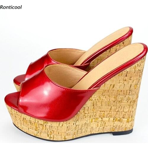 Ronticool Handmade Women Glossy Mules Sandals Cork Wedges Heel Open Toe Gorgeous Red Party Shoes Women Plus Size 35-52