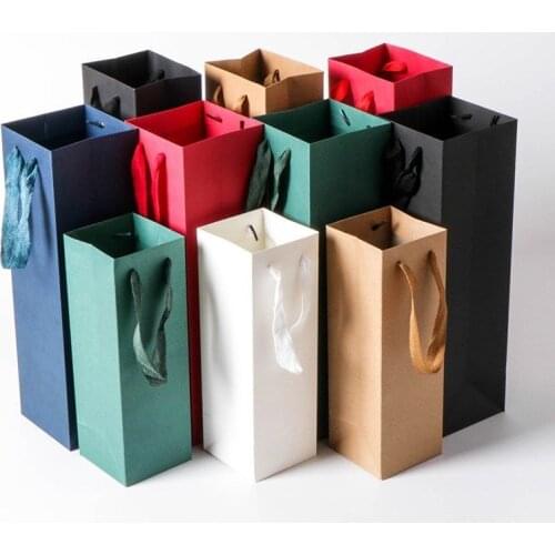 Solid Wine Paper Bag With Nylon Ribbon Gift Packing Box Single Double Bottle Bag Portable Wine Oil Bottle Carrier Package