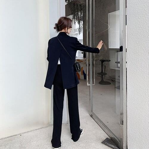 2021 Autumn Womens Korean Style Loose Casual Pure Black Design Sense Suit Jacket High-end Rear Split Blazer