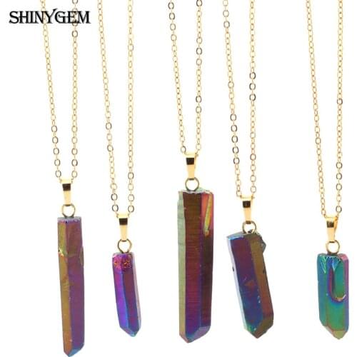 ShinyGem 5Pcs Irregular Natural Crystal Druzy Pillar Necklaces Rainbow Chakra Energy Quartz Stone Pendant Necklaces For Women