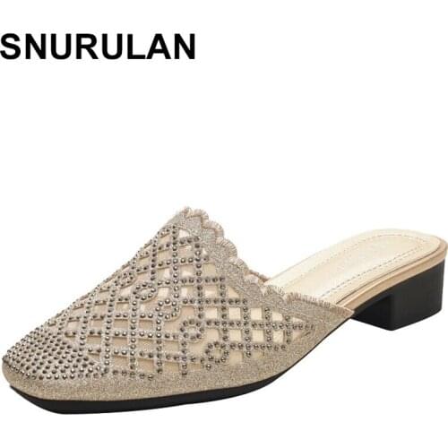 SNURULANWomens Baotou Sandals Summer New Outer Wear Mesh Breathable Rhinestone Mid-heel Slippers Female Square head Sandals