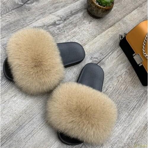Women Summer Real Fox Fur Slides Women Non-slip Fluffy Fur Slippers Women Furry Slippers Ladies Cute Plush Fox Hair Slippers Hot