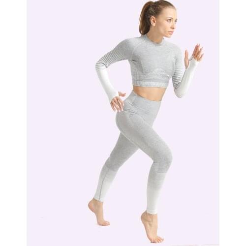 Sport Suit Women Long Sleeve Explosion Seamless Striped Knitting Set Fashion Crew Neck Stripe Print Sport Leisure