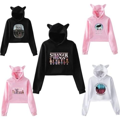 Funny Stranger Things Printing Hoodie Sudadera Cute Crop Top Women Short Sweatshirt Kawaii Cat Ears Hip Hop Street Pullover Tops