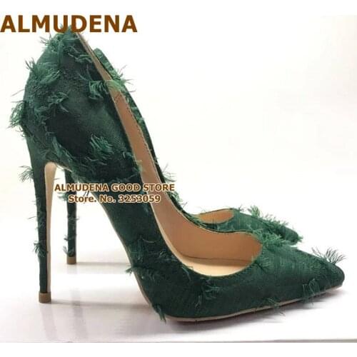 ALMUDENA Fluffy Fringe High Heel Shoes 12cm Stiletto Heels Pointed Toe Tassel Dress Pumps Green Red Cloth Party Shoes Size 45