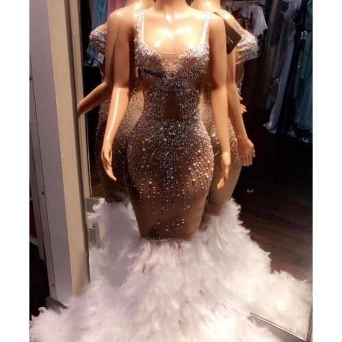 Unique Sexy Mermaid Prom Dresses 2019 Black Girls Exquisite Beads See Through Feathers African Evening Party Gown DP0436