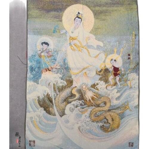 Thangka embroidery religious Tibetan portrait Nepal Buddhist temple brocade painting silk decoration figure dragon subduing Guan