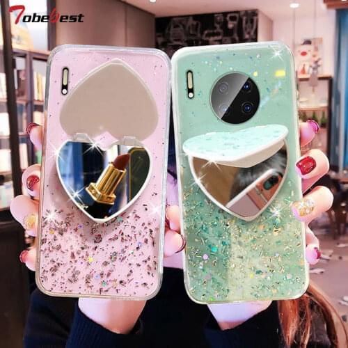 Heart Mirror Sequins Glitter Phone Case For Huawei Mate 40 30 20 10 Lite Pro Silver Foil Transparent Soft Silicone Cover