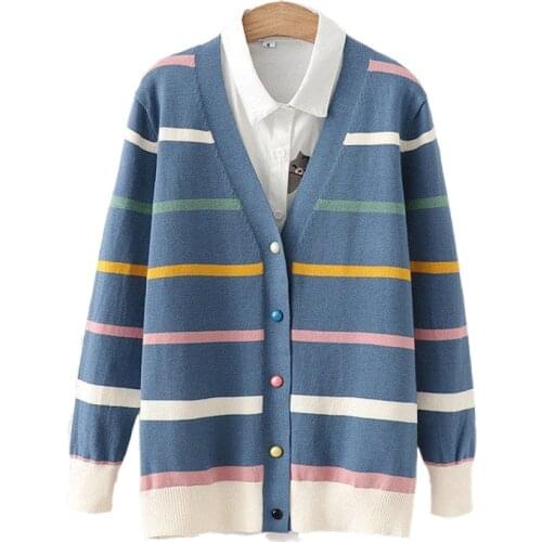 XUANHAO Women Cardigans and Sweaters Girls Colorful Rainbow Striped Knitted Cardigans Female Fall Winter Sweet Knit Outwear