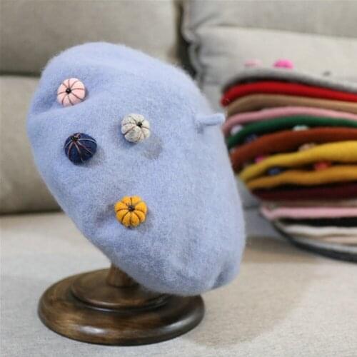 Retro Women Beret Hat Beanie hat wool felt painter hat autumn and winter wild small pumpkin sweet flat top hat Christmas hat