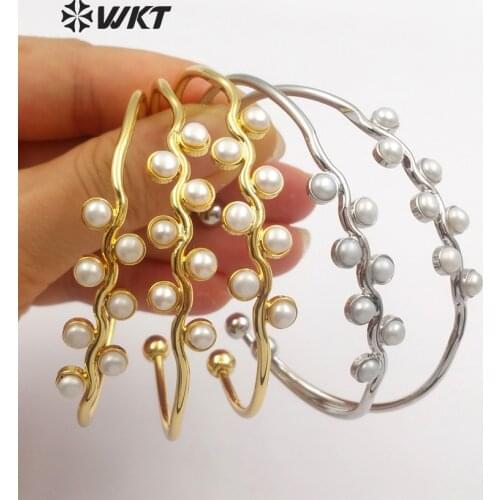 WT-B387 Beautiful Natural Freshwater Pearl Leaf Shape In High Quality Gold/Silver Color Plated For Women Gift Adjustable Bangle