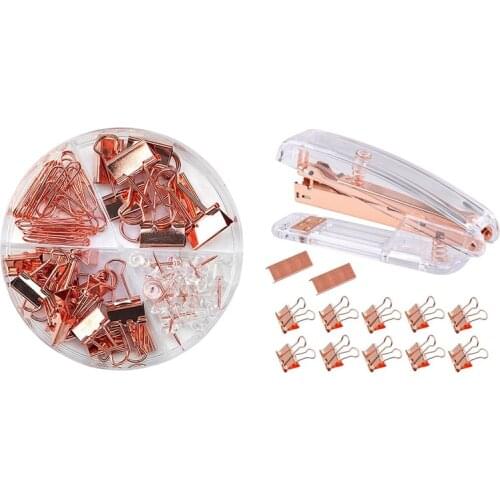 2 Set Office Accessories: 1 Set Binder Clips Paper Clips with Box & 1 Set Rose Gold Desktop Stapler