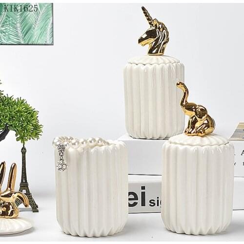European White Ceramic Candy Jar Gold-plated Animal Jewelry Cotton Swab Box Home Tea Jar Food Storage Container Exquisite Gift