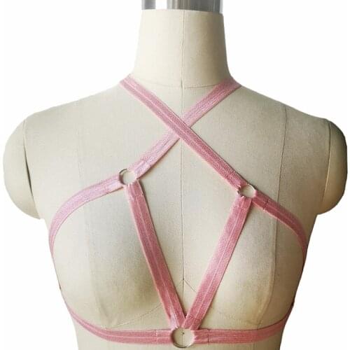 Original Design Body Harness Soft Open Chest Cage Bra Pink Elastic Bondage Harness Belt Women Sexy Lingerie Goth Rave Body Cage